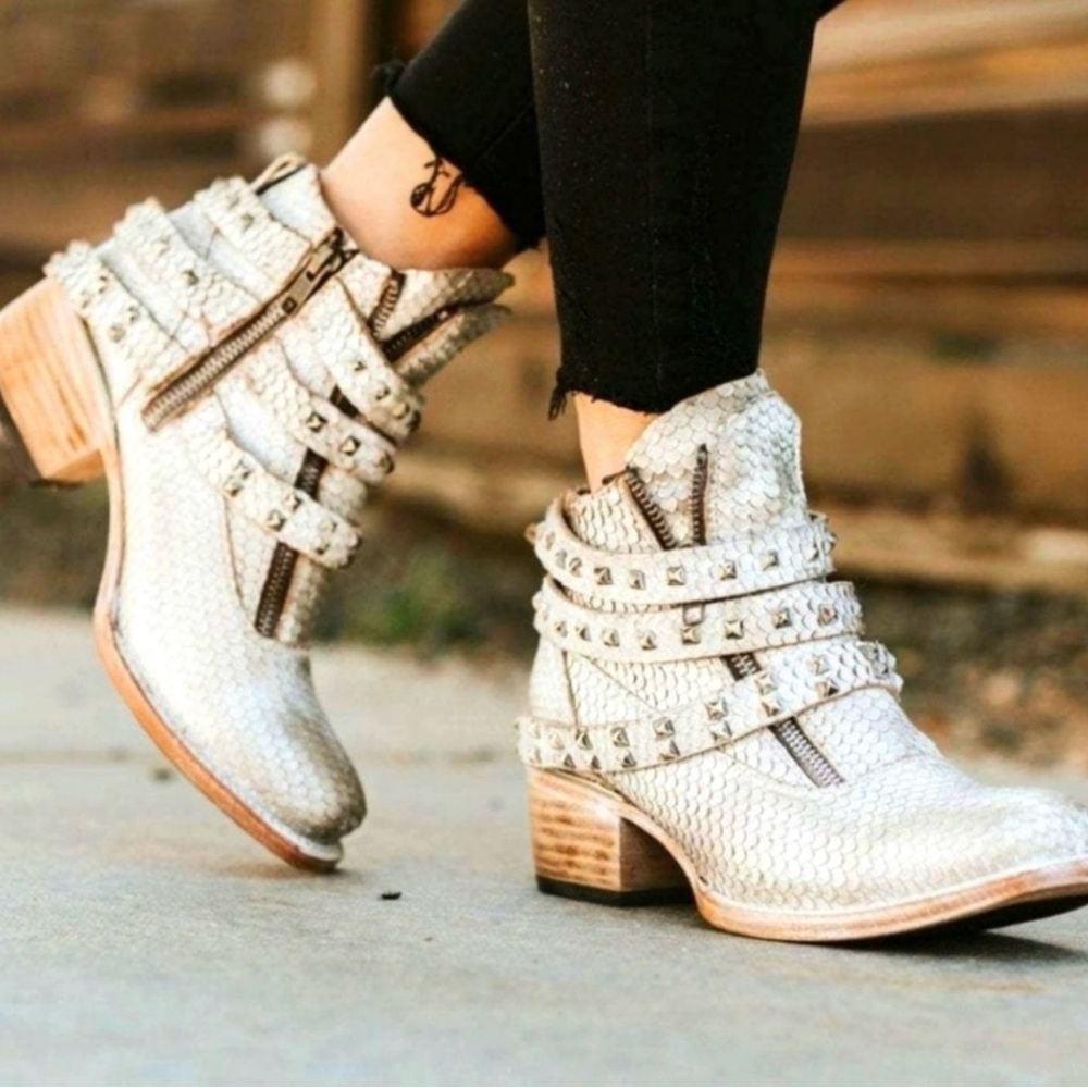Freebird by Steven Ivory Studded Snake-Embossed Ankle Booties